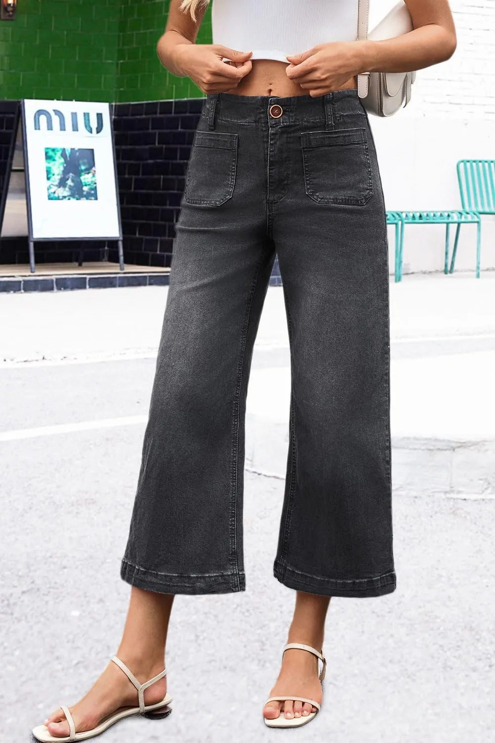 Womens Cropped High Waist Wide-Leg Baggy Jeans Stretchy Straight Leg Flared Jeans Trendy Denim Pants