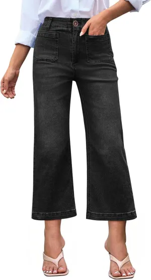 Womens Cropped High Waist Wide-Leg Baggy Jeans Stretchy Straight Leg Flared Jeans Trendy Denim Pants