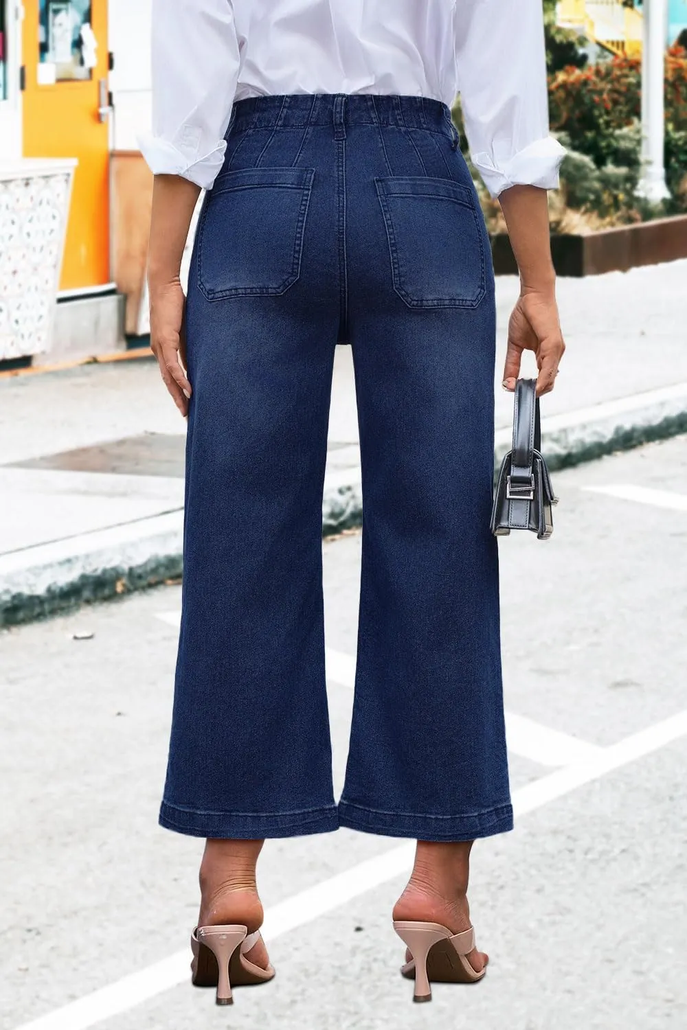 Womens Cropped High Waist Wide-Leg Baggy Jeans Stretchy Straight Leg Flared Jeans Trendy Denim Pants