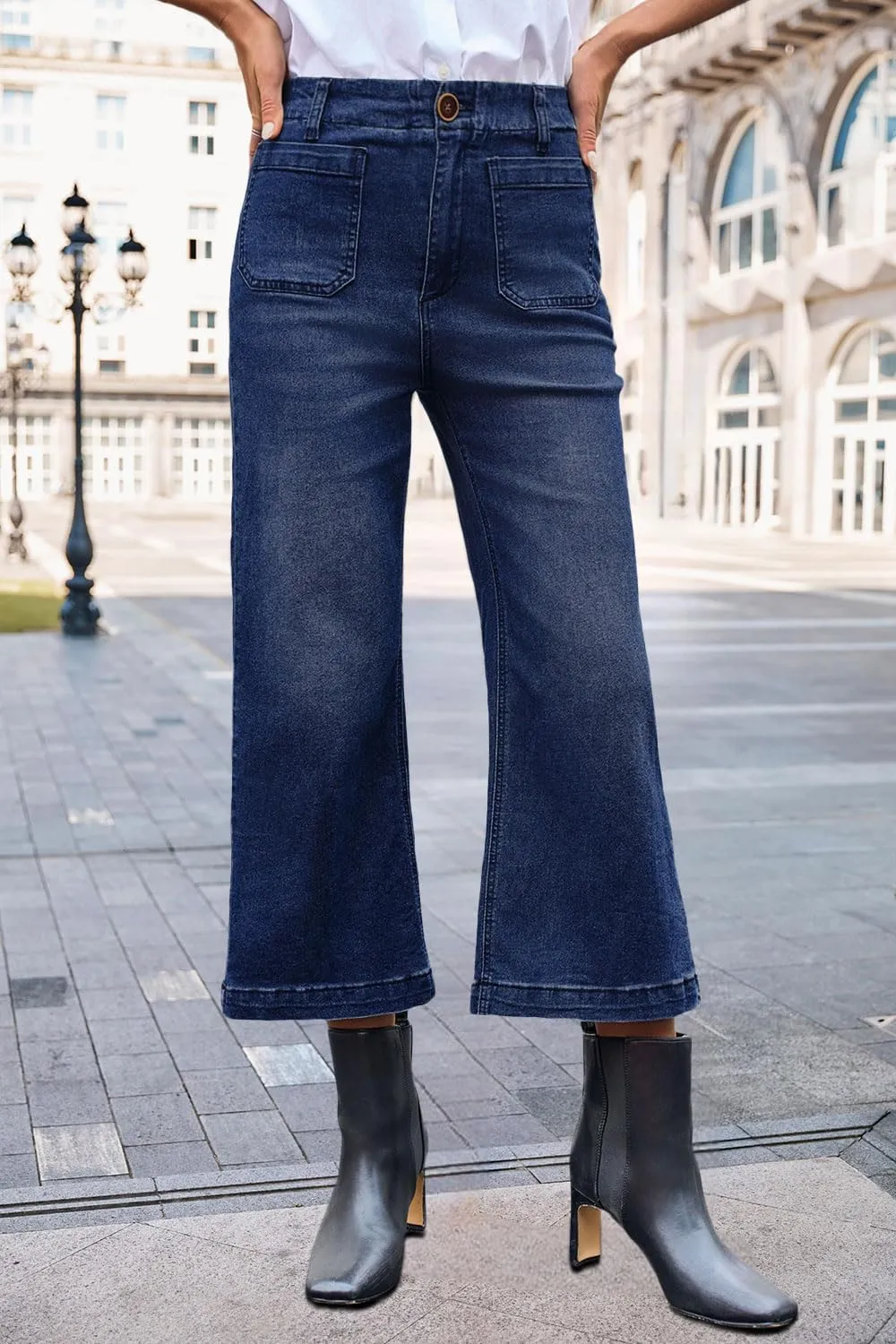 Womens Cropped High Waist Wide-Leg Baggy Jeans Stretchy Straight Leg Flared Jeans Trendy Denim Pants