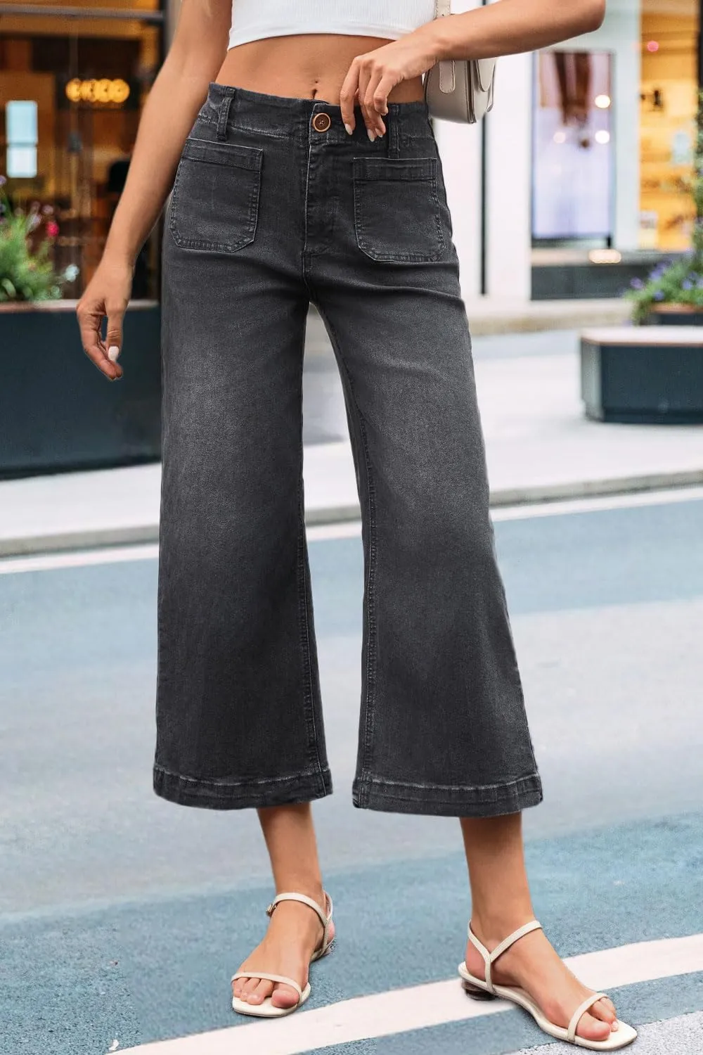 Womens Cropped High Waist Wide-Leg Baggy Jeans Stretchy Straight Leg Flared Jeans Trendy Denim Pants