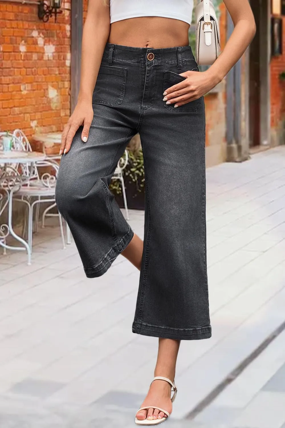Womens Cropped High Waist Wide-Leg Baggy Jeans Stretchy Straight Leg Flared Jeans Trendy Denim Pants
