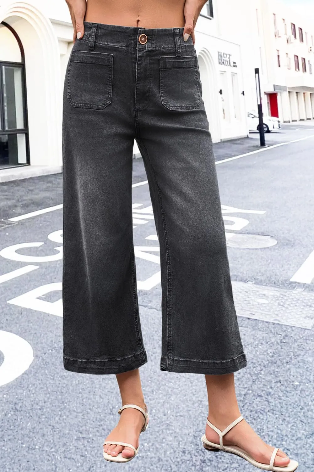 Womens Cropped High Waist Wide-Leg Baggy Jeans Stretchy Straight Leg Flared Jeans Trendy Denim Pants