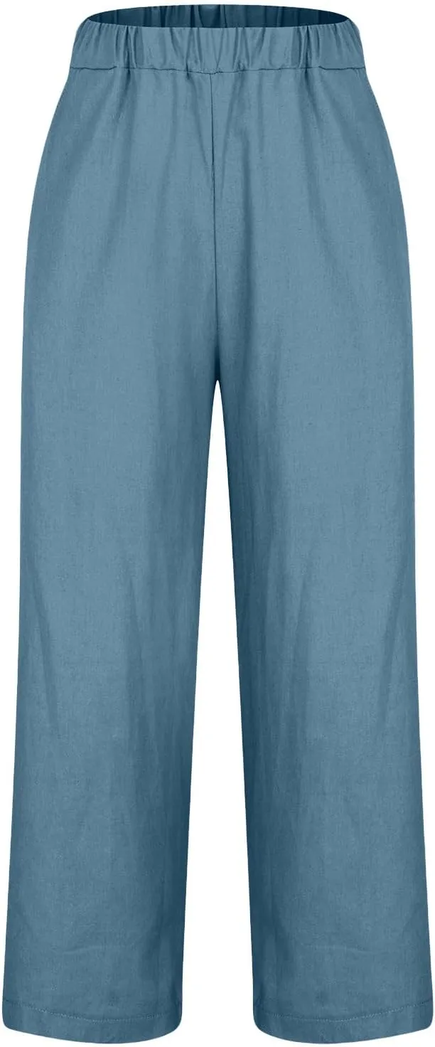 Women's Cropped Linen Pants Summer Elastic Waist Straight Leg Plus Size Crop Pant Casual Beach Trousers with Pocket
