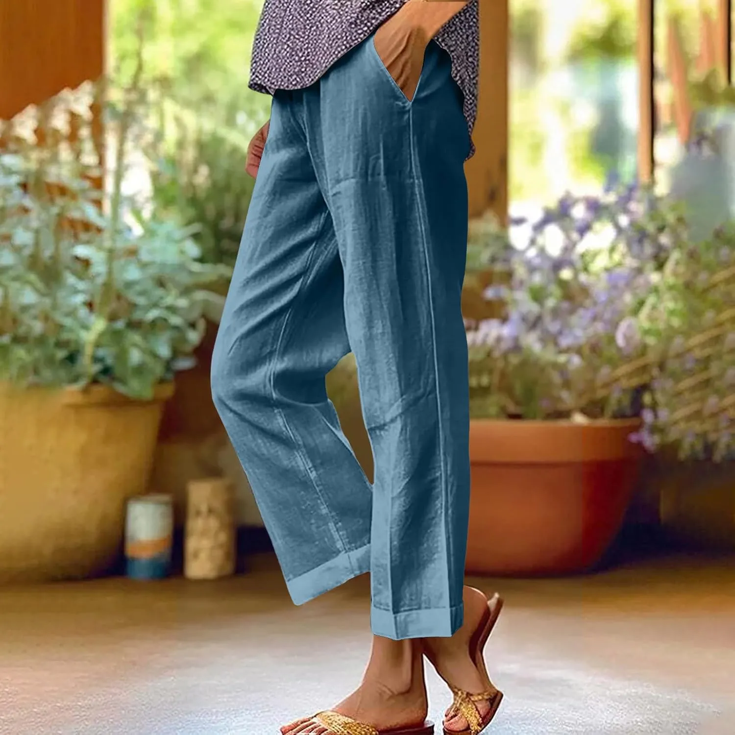 Women's Cropped Linen Pants Summer Elastic Waist Straight Leg Plus Size Crop Pant Casual Beach Trousers with Pocket