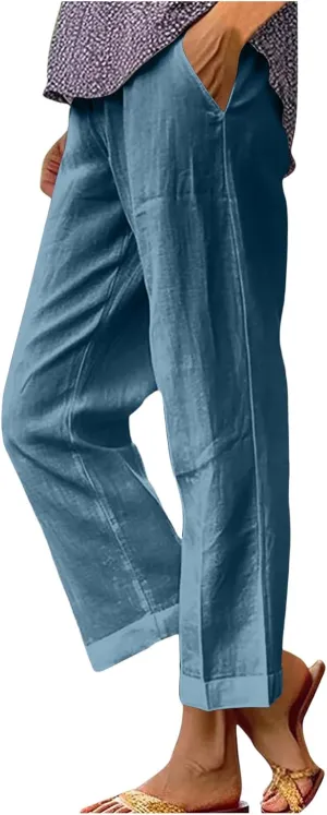 Women's Cropped Linen Pants Summer Elastic Waist Straight Leg Plus Size Crop Pant Casual Beach Trousers with Pocket