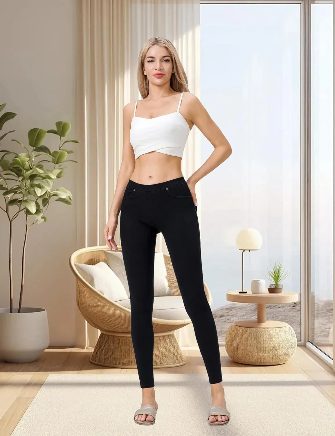 Women's Denim Jeggings Stretch Pull-On Jegging Casual Pants with Pockets