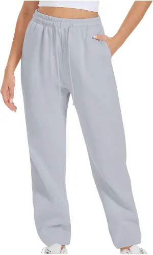 Women's Drawstring Elastic Waist Straight Leg Sweatpants Baggy High Waisted Lounge Sweat Pants Trousers with Pockets