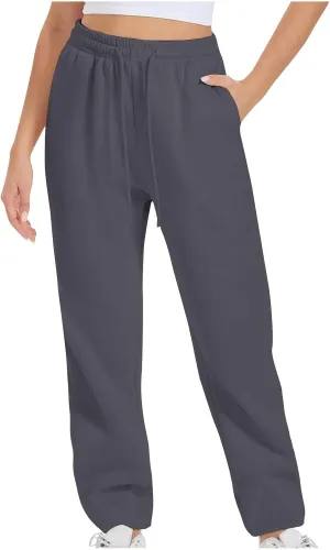 Women's Drawstring Elastic Waist Straight Leg Sweatpants Baggy High Waisted Lounge Sweat Pants Trousers with Pockets
