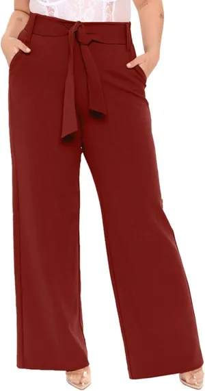 Womens Dress Suit Pants Casual Loose Bow Knot Belted Wide Leg High Waist Elegant Trousers Office Business Work Pants