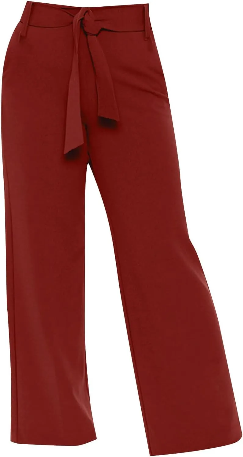 Womens Dress Suit Pants Casual Loose Bow Knot Belted Wide Leg High Waist Elegant Trousers Office Business Work Pants