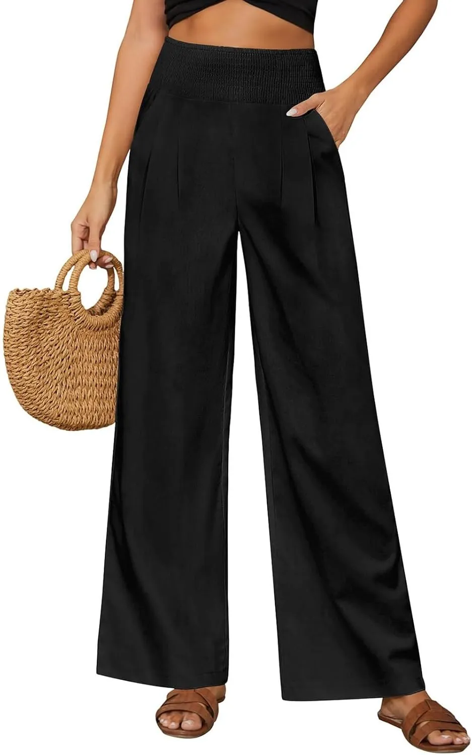 Womens Elastic High Waisted Palazzo Pants Casual Straight Wide Leg Long Beach Lounge Pant Trousers with Pocket