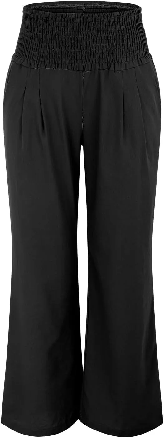 Womens Elastic High Waisted Palazzo Pants Casual Straight Wide Leg Long Beach Lounge Pant Trousers with Pocket