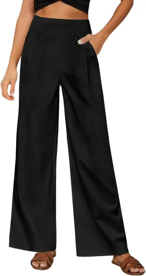 Womens Elastic High Waisted Palazzo Pants Casual Straight Wide Leg Long Beach Lounge Pant Trousers with Pocket