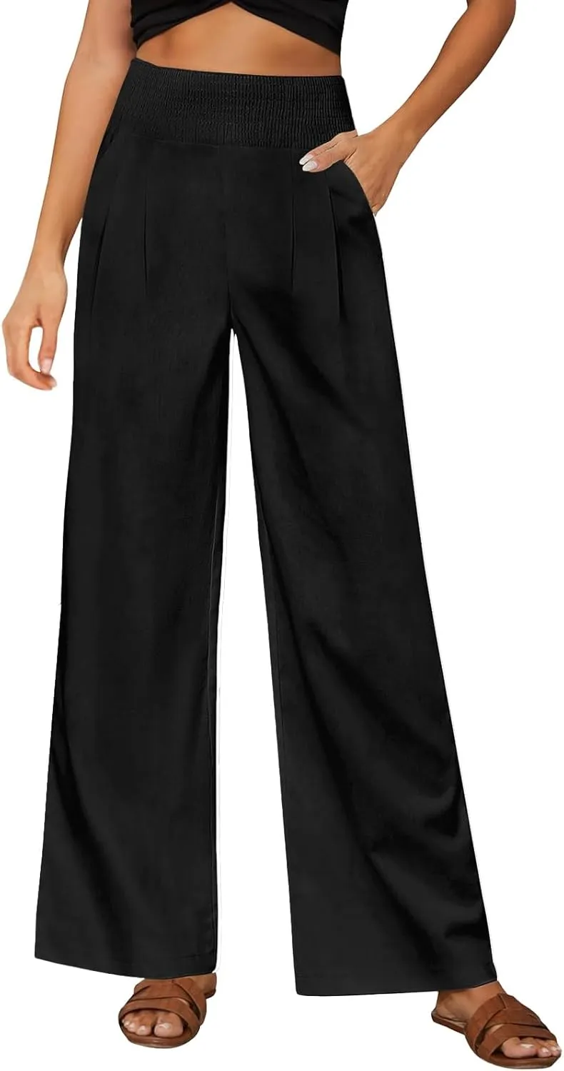 Womens Elastic High Waisted Palazzo Pants Casual Straight Wide Leg Long Beach Lounge Pant Trousers with Pocket