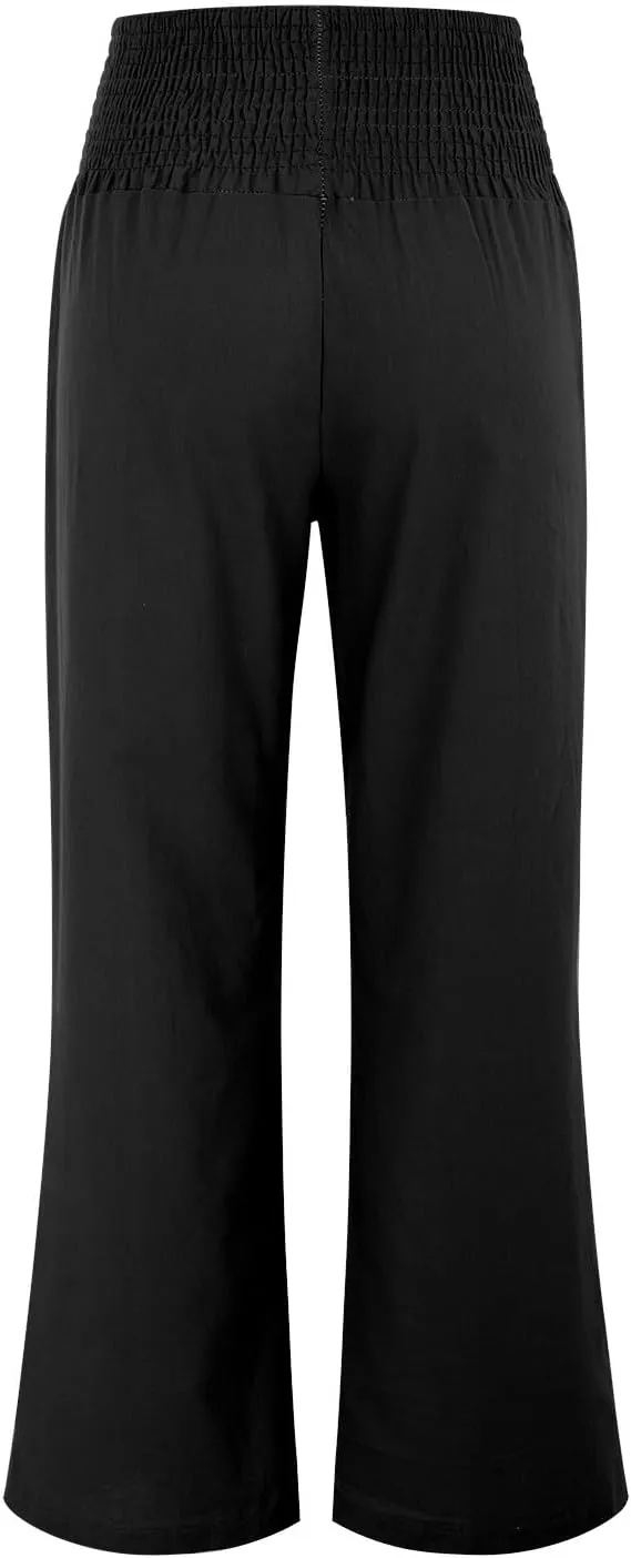 Womens Elastic High Waisted Palazzo Pants Casual Straight Wide Leg Long Beach Lounge Pant Trousers with Pocket