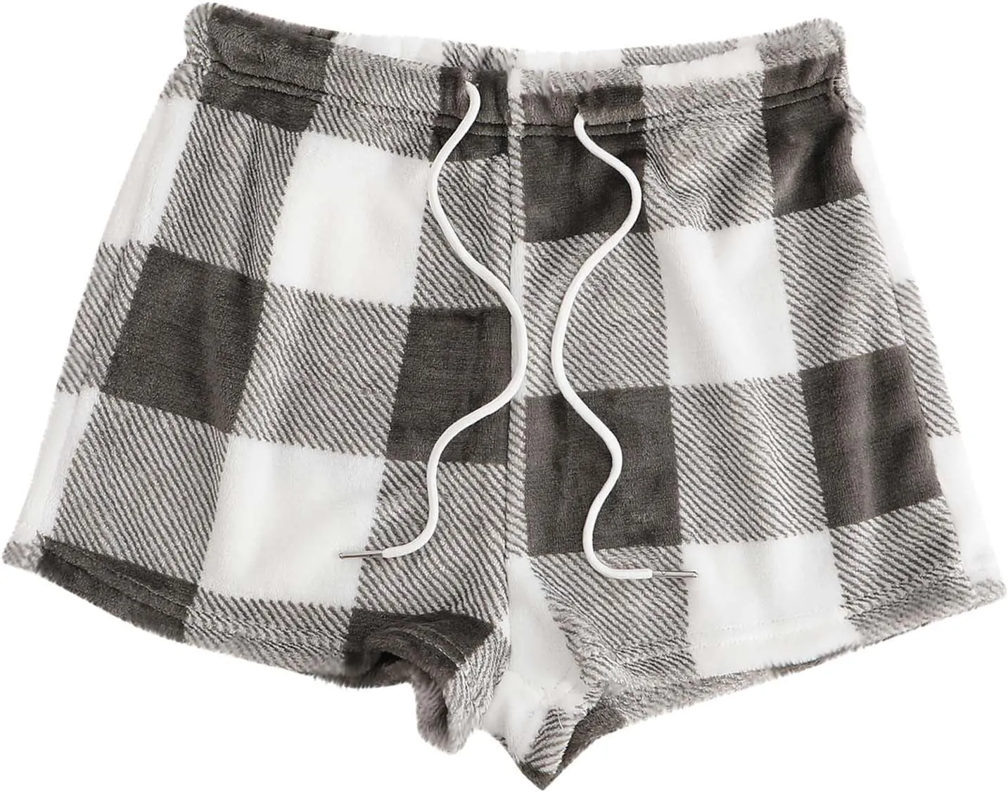 Women's Flannel Shorts Fashion Plaid Printed Lace up Waist Plush Sleepwear Bottoms Loose Casual Pajamas Short Pant