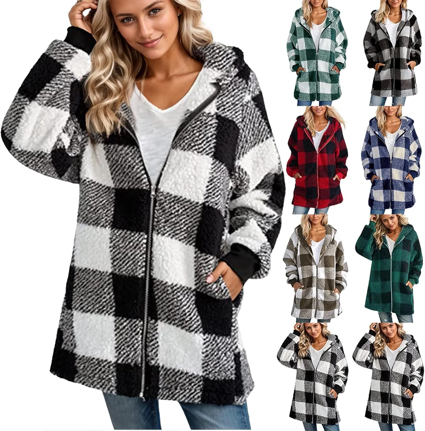 Womens Full Zip Cardigan Sherpa Jacket Plus Size Plaid Fleece Winter Coat Oversized Fuzzy Hooded Outwear with Pockets