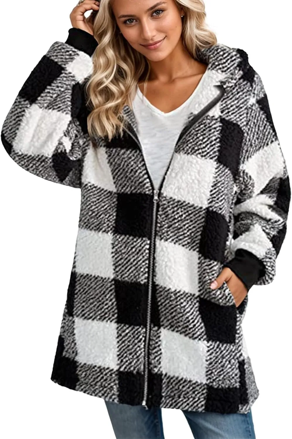 Womens Full Zip Cardigan Sherpa Jacket Plus Size Plaid Fleece Winter Coat Oversized Fuzzy Hooded Outwear with Pockets