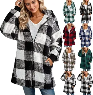 Womens Full Zip Cardigan Sherpa Jacket Plus Size Plaid Fleece Winter Coat Oversized Fuzzy Hooded Outwear with Pockets