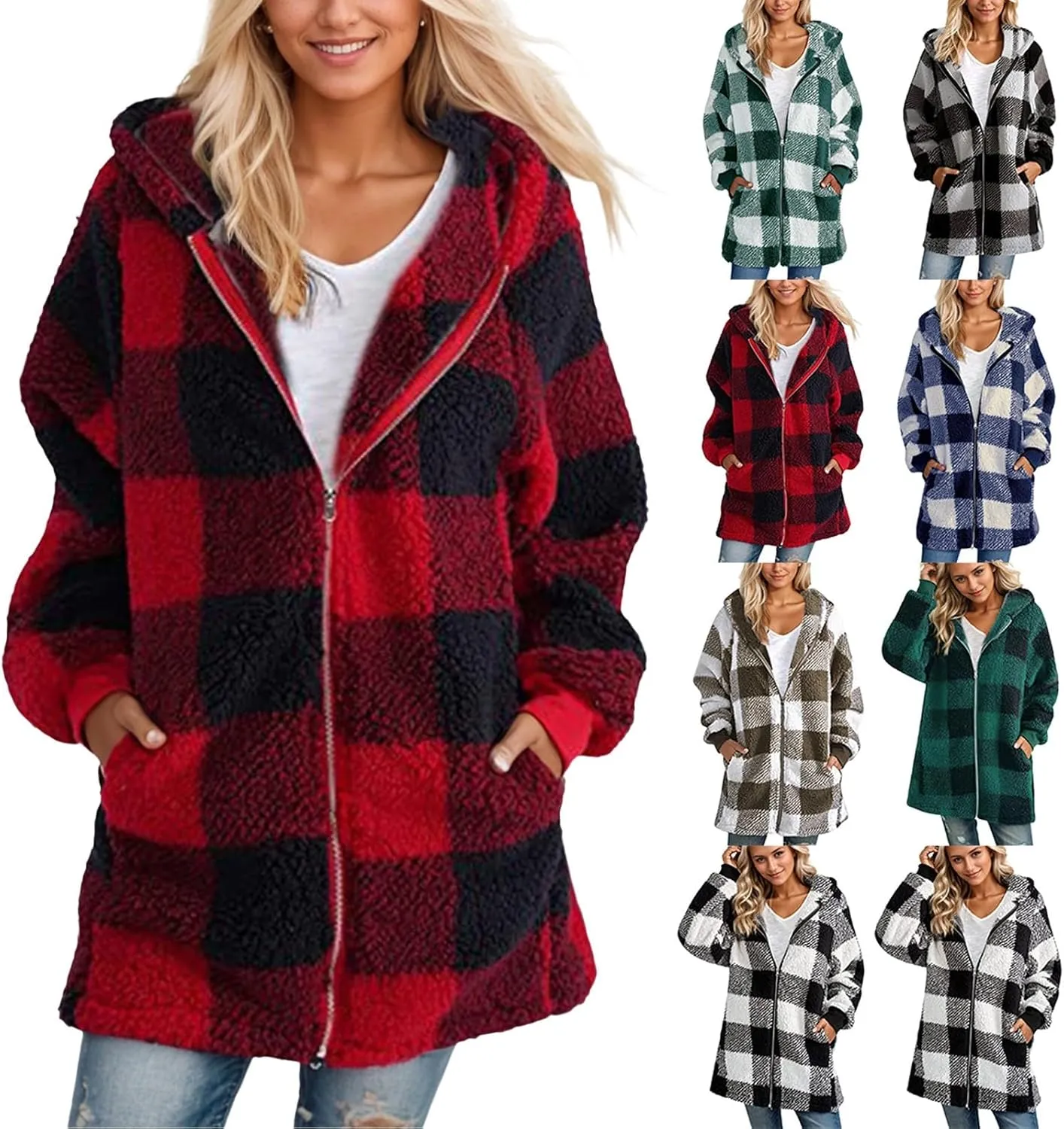 Womens Full Zip Cardigan Sherpa Jacket Plus Size Plaid Fleece Winter Coat Oversized Fuzzy Hooded Outwear with Pockets