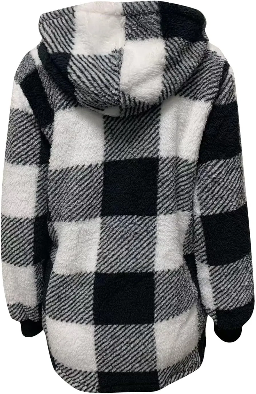 Womens Full Zip Cardigan Sherpa Jacket Plus Size Plaid Fleece Winter Coat Oversized Fuzzy Hooded Outwear with Pockets