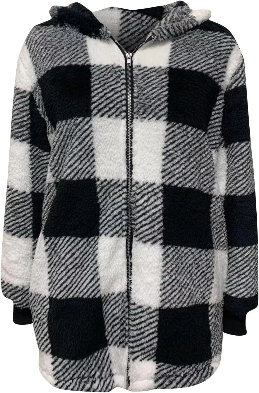 Womens Full Zip Cardigan Sherpa Jacket Plus Size Plaid Fleece Winter Coat Oversized Fuzzy Hooded Outwear with Pockets
