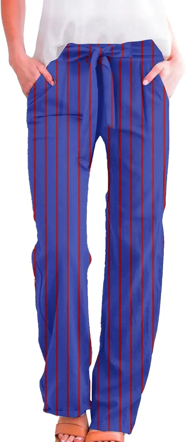 Womens High Waist Casual Linen Pants Adjustable Knot Drawstring Straight Leg Striped Print Lounge Trousers Pockets