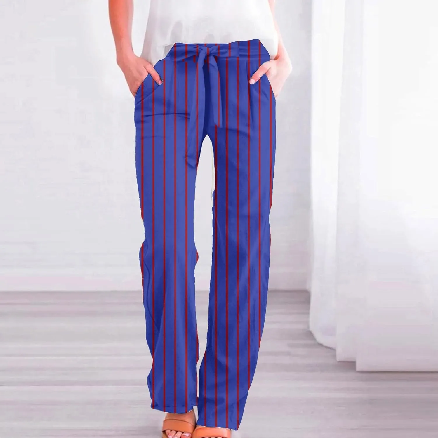 Womens High Waist Casual Linen Pants Adjustable Knot Drawstring Straight Leg Striped Print Lounge Trousers Pockets