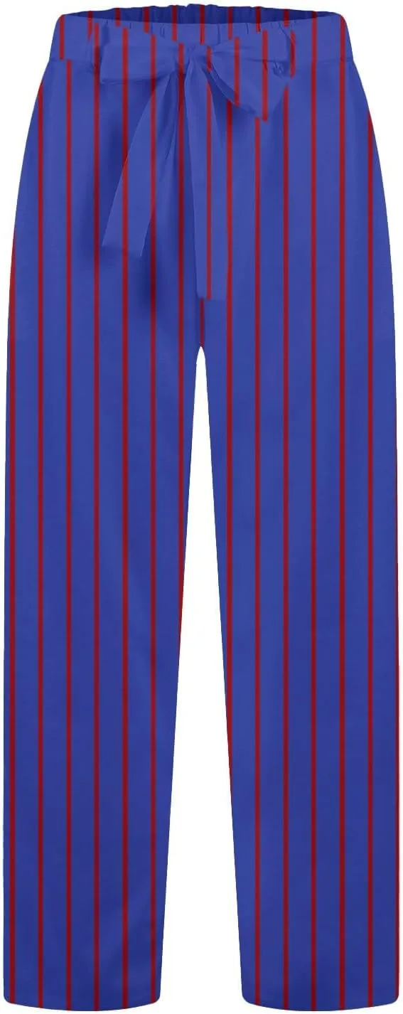 Womens High Waist Casual Linen Pants Adjustable Knot Drawstring Straight Leg Striped Print Lounge Trousers Pockets