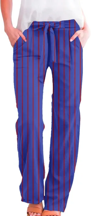 Womens High Waist Casual Linen Pants Adjustable Knot Drawstring Straight Leg Striped Print Lounge Trousers Pockets