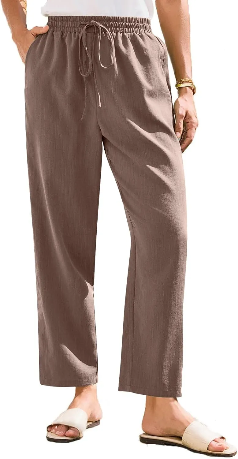 Womens High Waist Drawstring Straight Leg Linen Pants 2025 Summer Casual Beach Vacation Trousers with Pockets