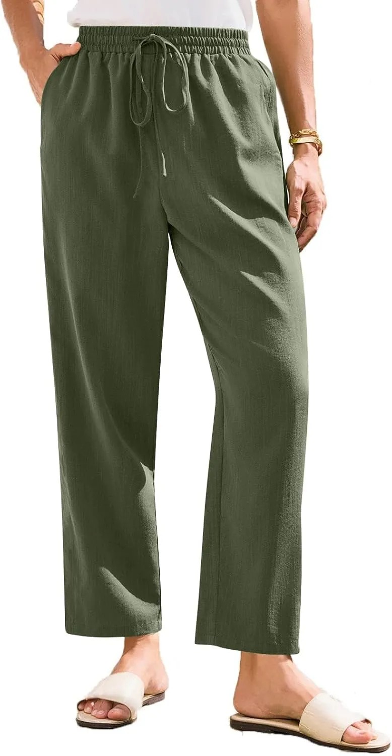 Womens High Waist Drawstring Straight Leg Linen Pants 2025 Summer Casual Beach Vacation Trousers with Pockets