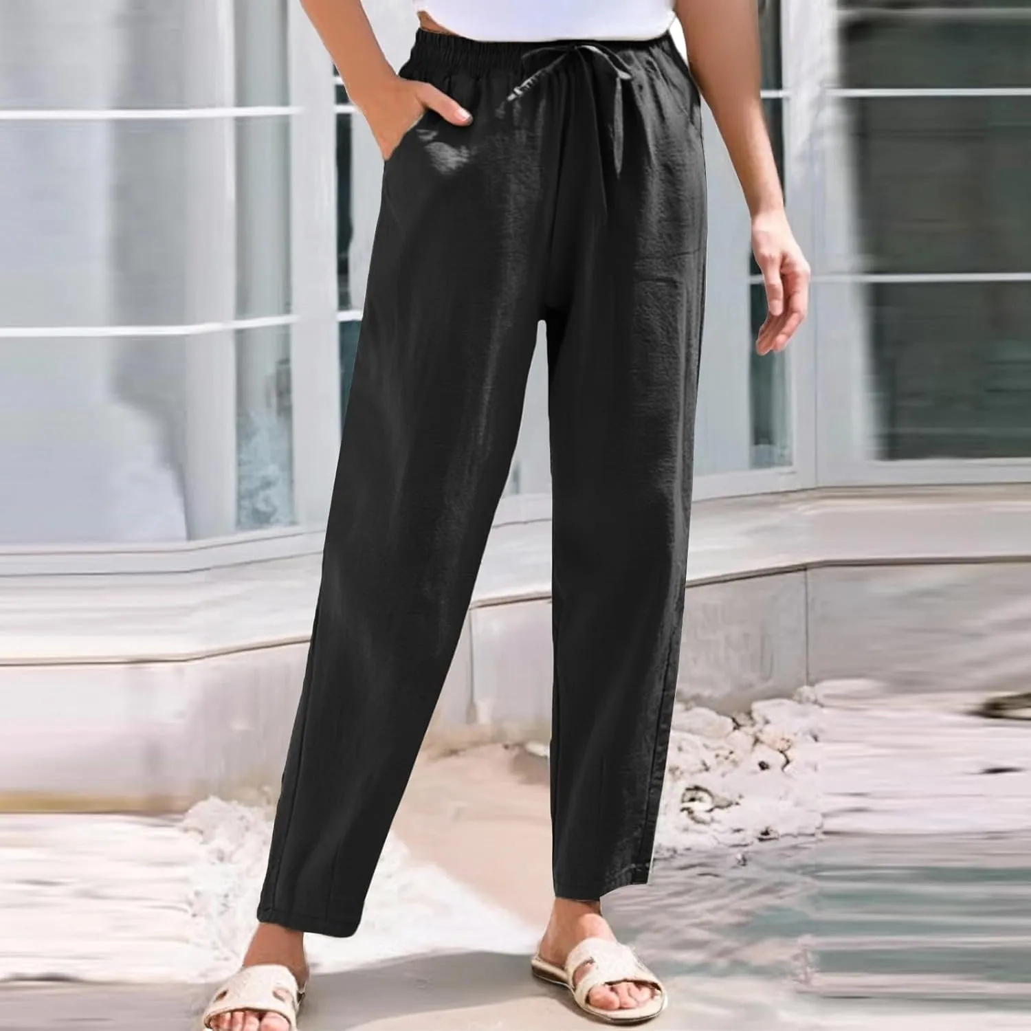 Womens High Waist Drawstring Straight Leg Linen Pants 2025 Summer Casual Beach Vacation Trousers with Pockets