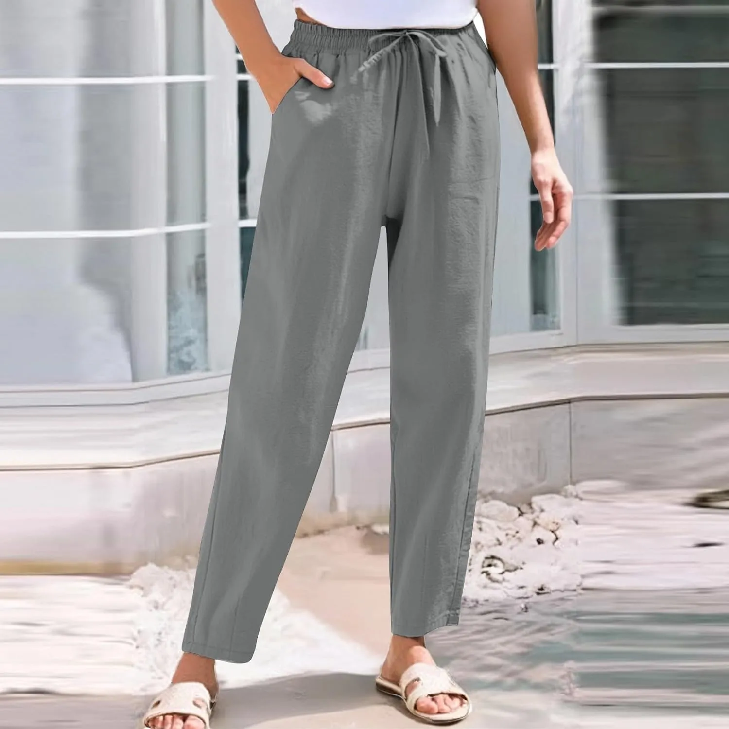 Womens High Waist Drawstring Straight Leg Linen Pants 2025 Summer Casual Beach Vacation Trousers with Pockets