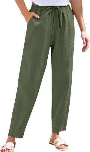 Womens High Waist Drawstring Straight Leg Linen Pants 2025 Summer Casual Beach Vacation Trousers with Pockets