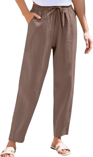 Womens High Waist Drawstring Straight Leg Linen Pants 2025 Summer Casual Beach Vacation Trousers with Pockets