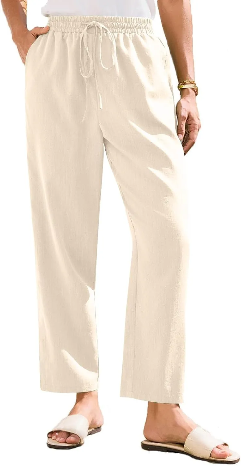 Womens High Waist Drawstring Straight Leg Linen Pants 2025 Summer Casual Beach Vacation Trousers with Pockets
