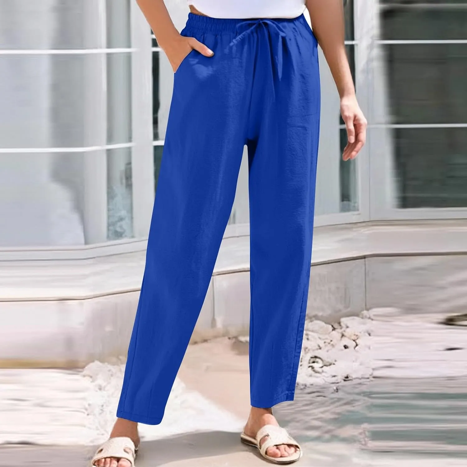 Womens High Waist Drawstring Straight Leg Linen Pants 2025 Summer Casual Beach Vacation Trousers with Pockets