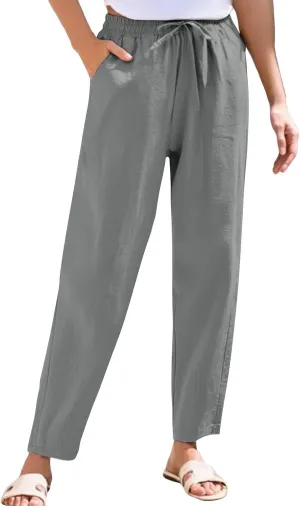 Womens High Waist Drawstring Straight Leg Linen Pants 2025 Summer Casual Beach Vacation Trousers with Pockets