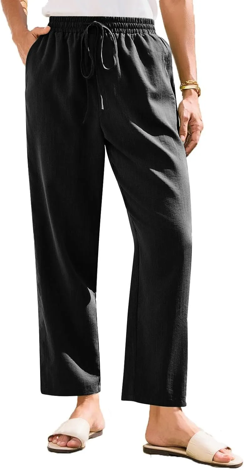 Womens High Waist Drawstring Straight Leg Linen Pants 2025 Summer Casual Beach Vacation Trousers with Pockets