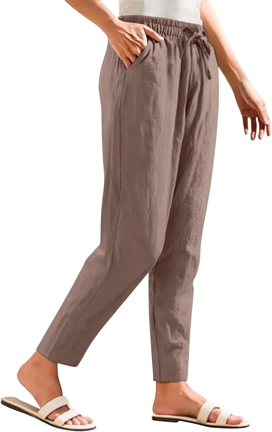 Womens High Waist Drawstring Straight Leg Linen Pants 2025 Summer Casual Beach Vacation Trousers with Pockets