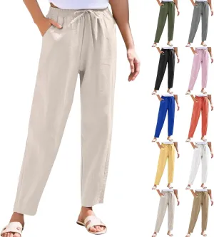 Womens High Waist Drawstring Straight Leg Linen Pants 2025 Summer Casual Beach Vacation Trousers with Pockets