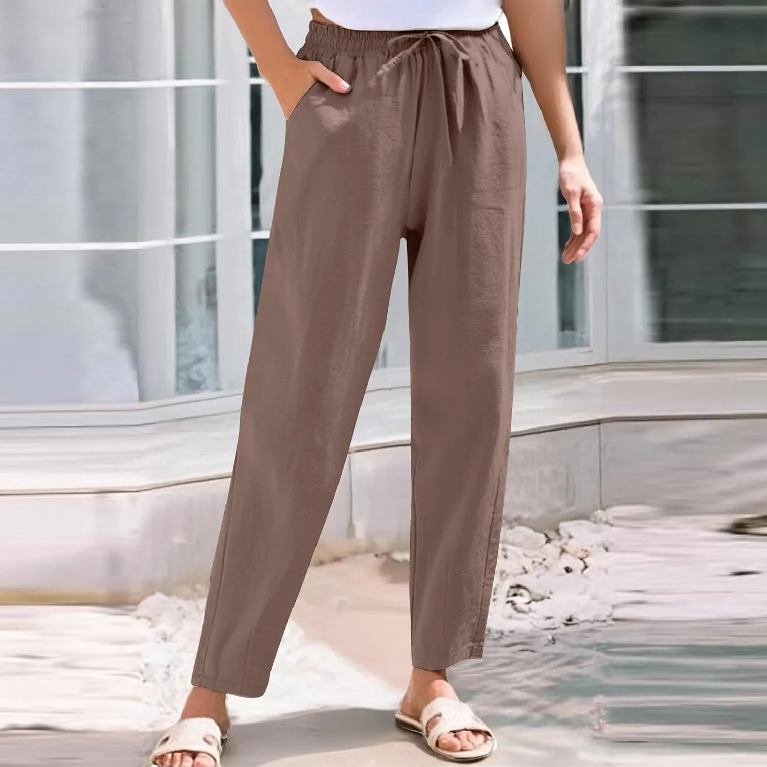 Womens High Waist Drawstring Straight Leg Linen Pants 2025 Summer Casual Beach Vacation Trousers with Pockets