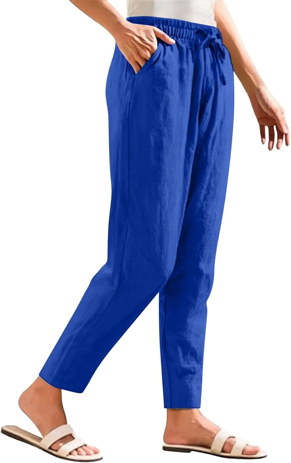 Womens High Waist Drawstring Straight Leg Linen Pants 2025 Summer Casual Beach Vacation Trousers with Pockets