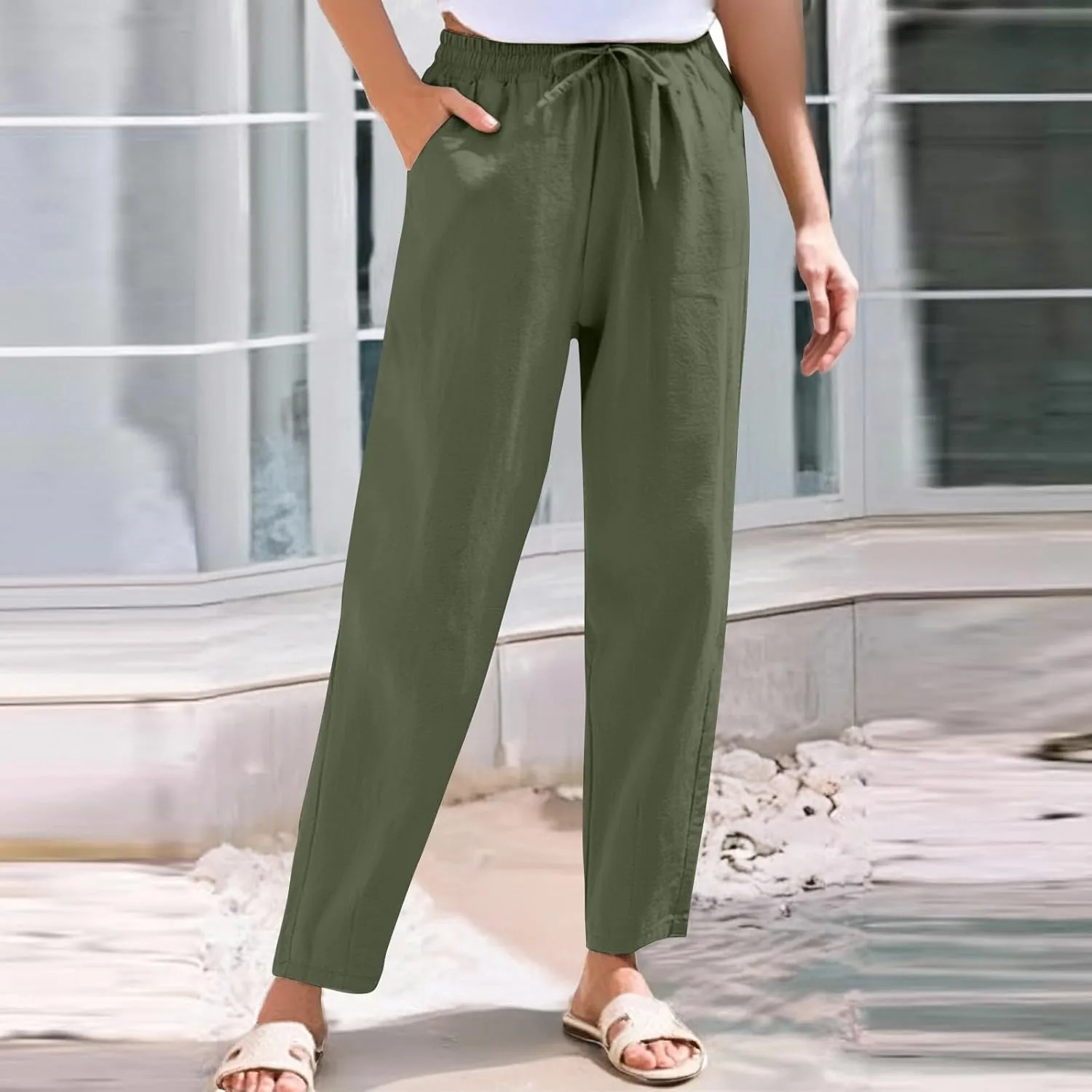 Womens High Waist Drawstring Straight Leg Linen Pants 2025 Summer Casual Beach Vacation Trousers with Pockets