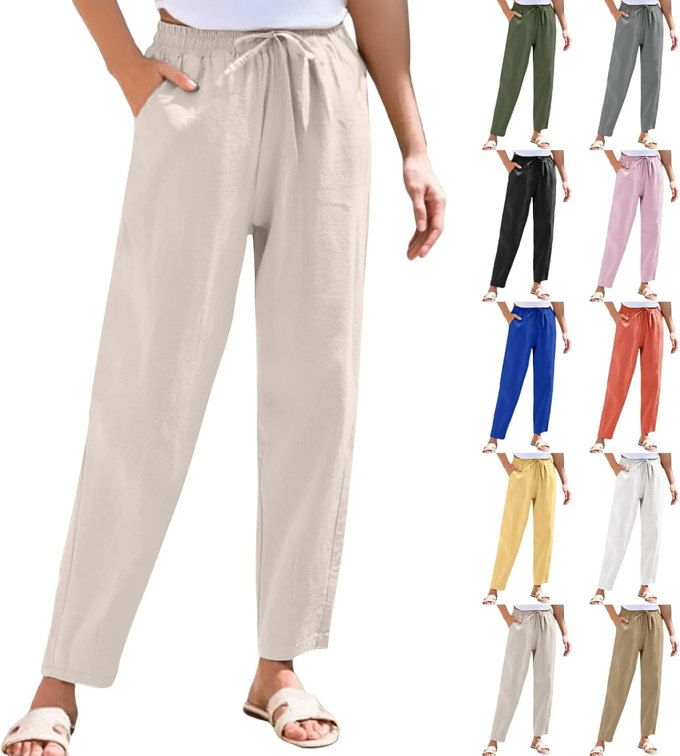 Womens High Waist Drawstring Straight Leg Linen Pants 2025 Summer Casual Beach Vacation Trousers with Pockets