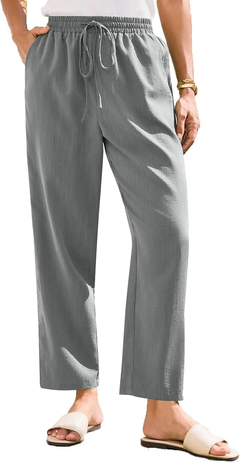 Womens High Waist Drawstring Straight Leg Linen Pants 2025 Summer Casual Beach Vacation Trousers with Pockets