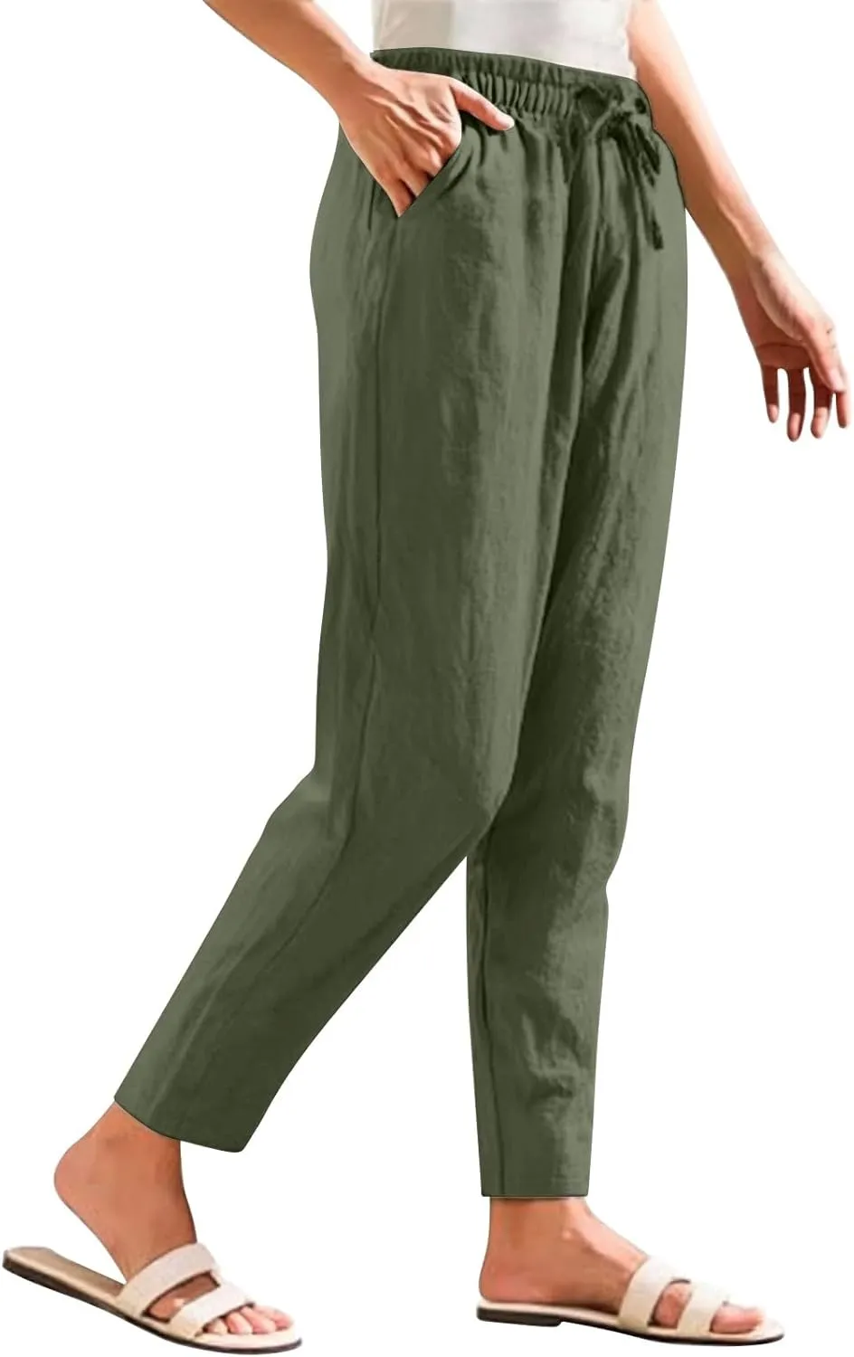 Womens High Waist Drawstring Straight Leg Linen Pants 2025 Summer Casual Beach Vacation Trousers with Pockets