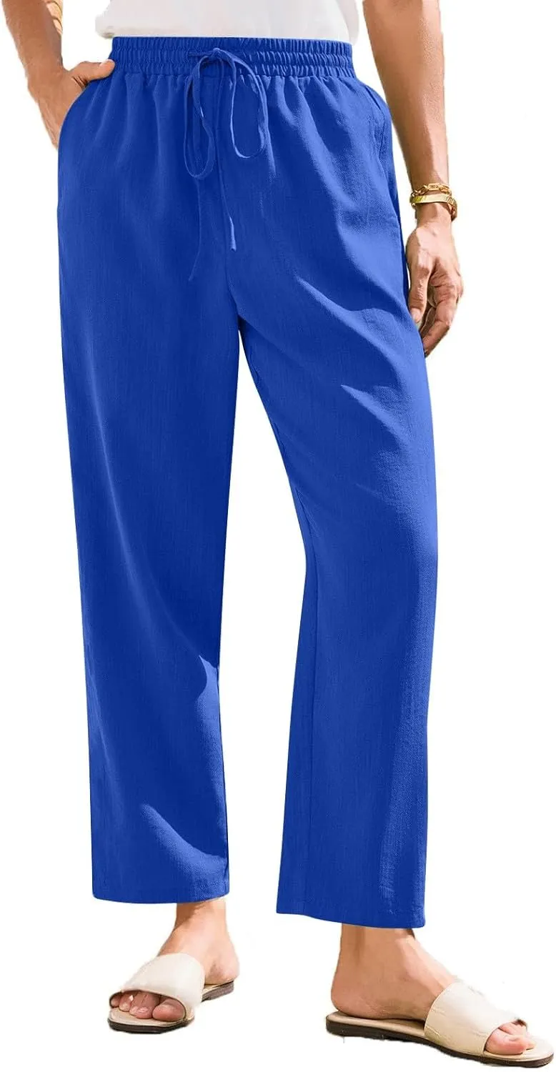 Womens High Waist Drawstring Straight Leg Linen Pants 2025 Summer Casual Beach Vacation Trousers with Pockets